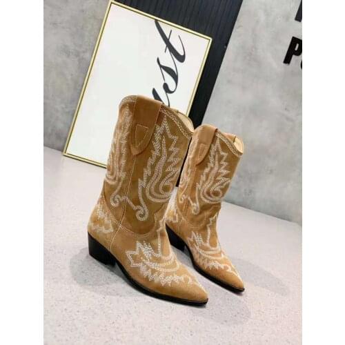 New Season Shoes Duerto Embroidered Genuine Suede Leather Ankle Boots In Brown Western Cowboy Boots