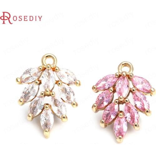 38122)6PCS 12x15MM 24K Champagne Gold Color Brass and Zircon Tree Leaf Shape Charms Pendants Jewelry Making Supplies