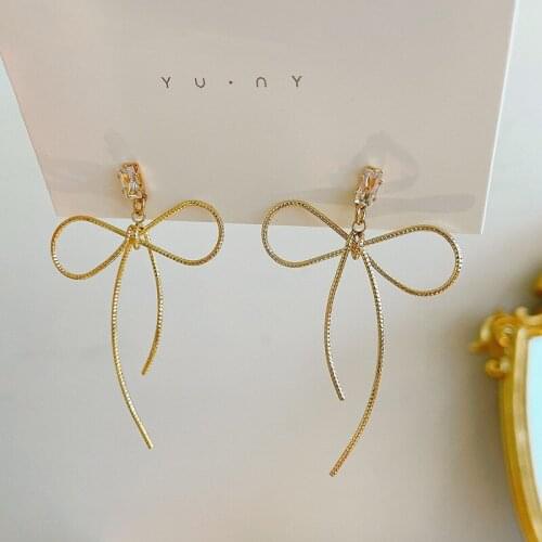 Simple Big Bow Earrings For Women Elegant Metal Golden Gem Bowknot Pendant Stud Ear Jewelry