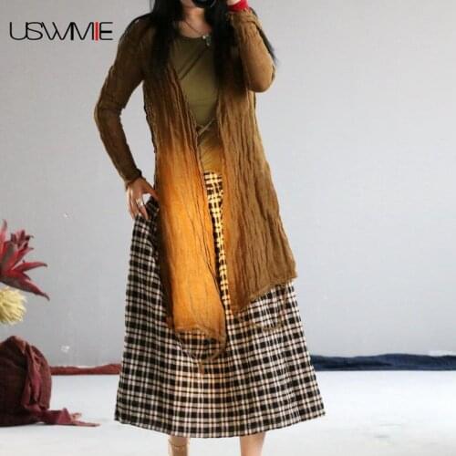 Free Shipping Women Skirt Summer Retro Leisure Plaid Simple Lattice Colorblock Elastic Waist Linen Comfort Skirt