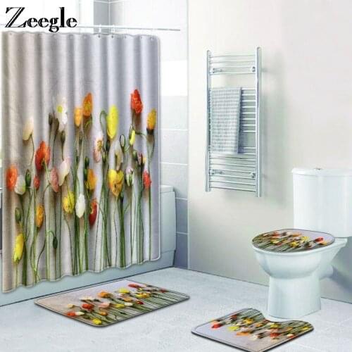 Zeegle Shower Curtain and Bath Mat Set Anti Slip Bathroom Doormat Washable Toilet Pedestal Rug Absorbent Foot Mat Bath Mat Set
