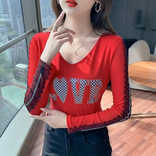 New 2021 Autumn Long Sleeve Womens Tops Sexy V-Neck Patchwork Hot Drilling Mesh T-Shirt Plus Size Women Clothing