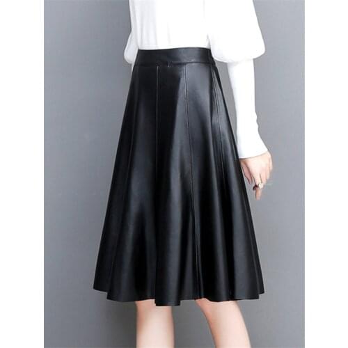 2021 Spring Autumn New Leather Pleated Skirt Mid-Length Large Hem Elastic High Waist Skirt Plus Size Elegant Femme Jupe y1037