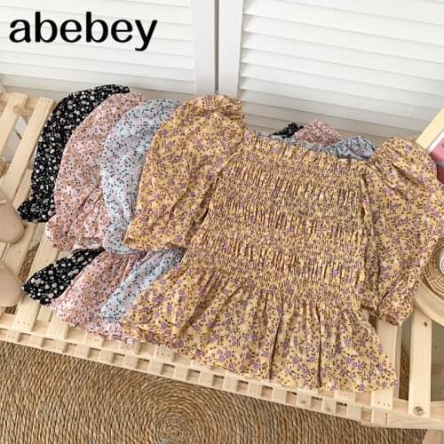 Vintage Temperament square collar puff sleeve Shirt pleated waist Ruffles Floral Print Shirt Top 2021 New Summer Women