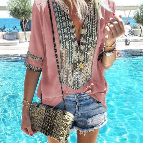 Tunicas de verAo Bohemian Blusas Top Camisa Das Mulheres Feminina de AlgodAo Solto Fina Blusa Boho Imprimir Meia