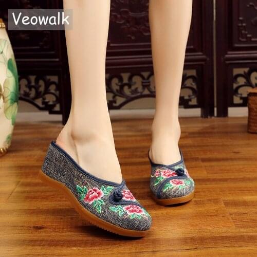 Veowalk Handmade Women Denim Embroidered Close Toe Wedge Mules Slippers Med Heel Ladies Comfort Summer Cotton Platform Shoes