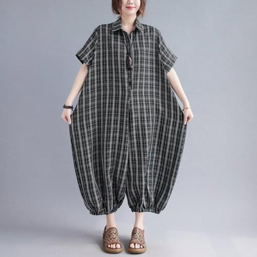 Johnature Women Plaid Jumpsuits Turn-down Collar Short Sleeve Cotton Linen Casual Shirt Jumpsuit 2021 Summer New Loose Jumpsuit