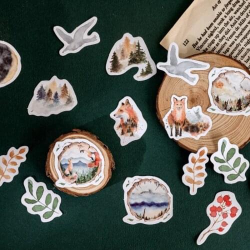 46pcs Boxed Sticker Scrapbook Children DIY Handbook Gift Stationery Diary Decoration Cute Animal Fox Forest Leaf Label Sticker