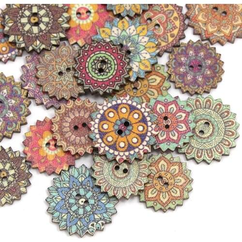 50pcs Retro Wooden Buttons Printed Flower Sew Button For Clothing Decorative Scrapbooking For Clothes Garment Accessories20/25MM
