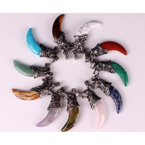 6pcs/lot Semi Precious Roses Quartz Wolf Head Tooth Tribal Original Rock Natural Stone Pendants for Necklace Jewelry Making Free