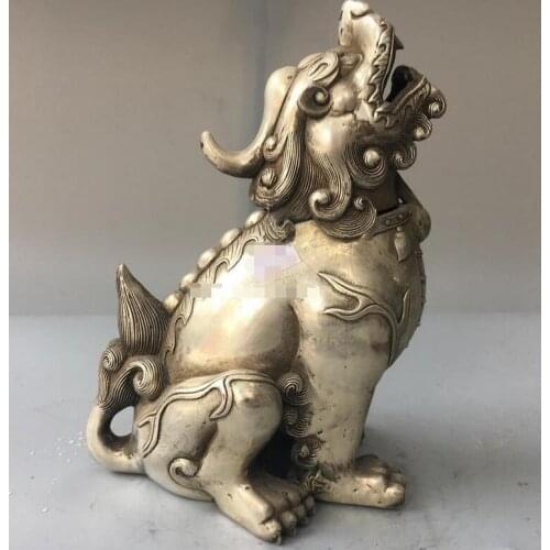 9''tibetan bronze silver carved beast animal Dragon kylin unicorn incense burner