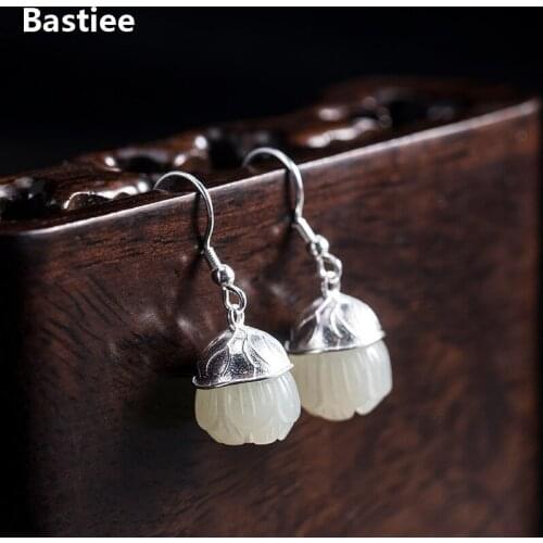 Bastiee Vintage Jade Drop Earrings 925 Sterling Silver Jewelry For Women Accessories Lotus Flower Earings Handmade Luxury Gifts