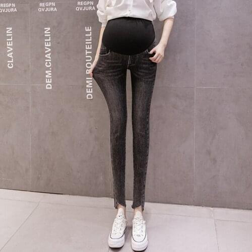 Maternity denim trousers spring and autumn pregnant women belly lift pants Korean fashion thick casual foot pants