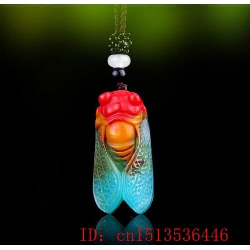 Chinese Color Jade Cicada Pendant Jadeite Necklace Charm Jewellery Fashion Accessories Hand-Carved Amulet Gifts + Free Rope