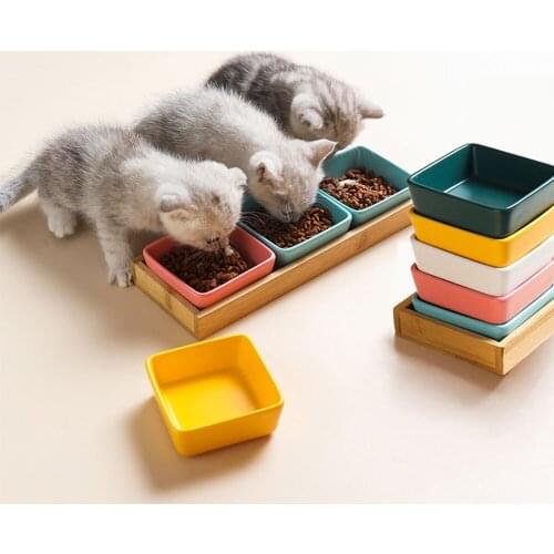 Cat And Puppy Square Ceramic Bowl,Wooden Shelf And Ceramic Dish,Sturdy And Durable,Small Pet Feeder,Multiple Colors,Pet Supplies