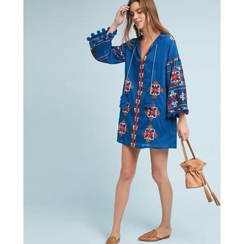 Summer vacation national style embroidery tassel lantern sleeve dress loose bobble ball island cardigan-style beach mini dress