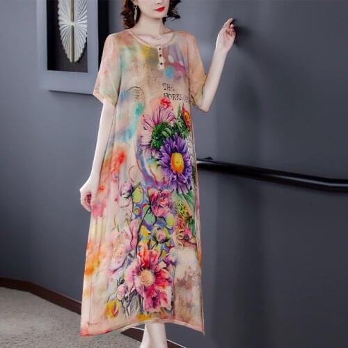 Summer Boho Floral Mulberry Silk Beach Midi Dress Elegant Bodycon Party Vestidos 2021 Women Casual Print 4XL Plus Size Sundress
