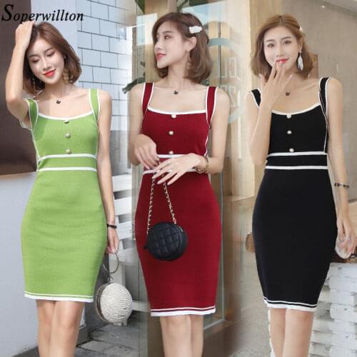 Summer Sexy Dress Knitted Pencil Women Halter Stretch Striped Vestidos Sheath Bodycon Sleeveless Midi Dresses Party Sweater C68
