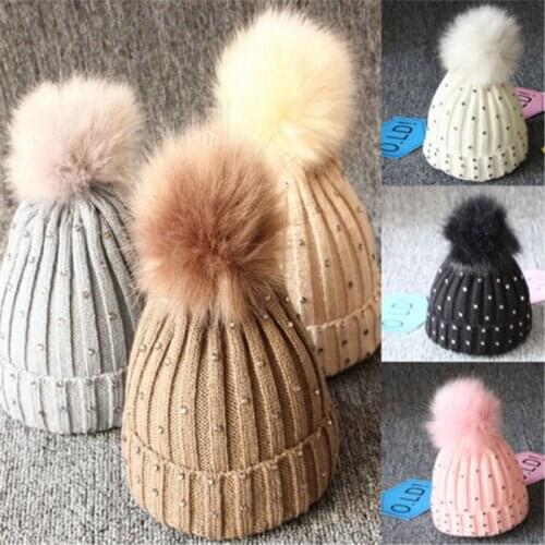 Fashion Newborn Baby Boy Girls Women Winter Solid Warm Fur Pom Bobble Beanie Knit Hats Casual Cap 2019 New