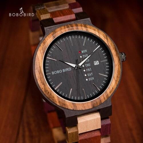 BOBO BIRD Male Wooden Multifunction Wrist Watch Auto Date Week Display Fashion Color Band relogios masculinos Timepiece for Men