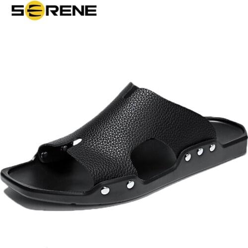 SERENE Brand 2018 Hot Sale Leather Slippers Shoes Men Casual High Quality Top Summer Flip Flops Black White Beach Garden Shoe