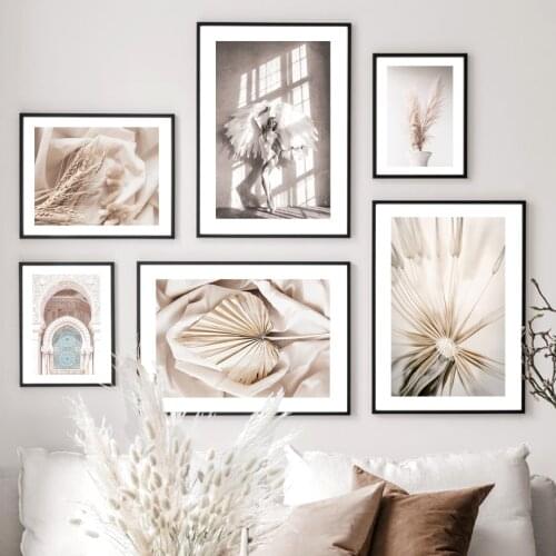 Girl Palm Leaf Wheat Reed Dandelion Soft Light Wall Art Print Canvas Painting Nordic Poster Wall Pictures For Living Room Decor