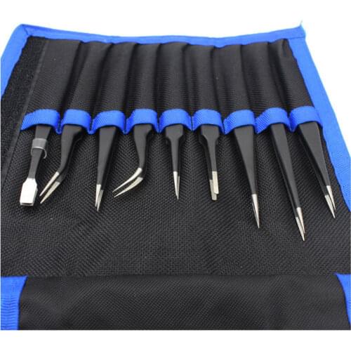 9pcs Anti-static ESD Stainless Steel Precision Tweezers Set Kit Maintenance Tools for Electronics Craft Jewelry Phone Repairing