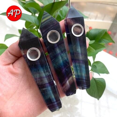 Natural Colorful Fluorite Quartz Crystal Tube with carb Wand Healing Crystal Point Smoking Pipe Home Decor Decoration Crafts