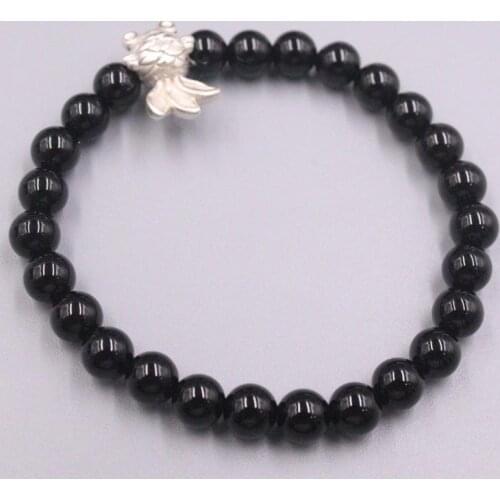 New Pure Solid 925 Sterling Silver Bracelet 15x9mm GlodFish 6mm Black Agate Beads Link Chain Bracelet
