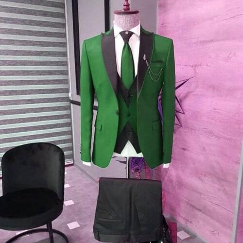 New Fashion Grren Men Suits Black Lapel Slim Fit Costume Homme Wedding Groom Terno Masculino Prom Blazers 3 Pcs Jacket+Pant+Vest