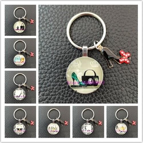 New fashion woman high heels beautiful girl bag pattern photo glass cabochon keychain jewelry gift, gift for woman herself