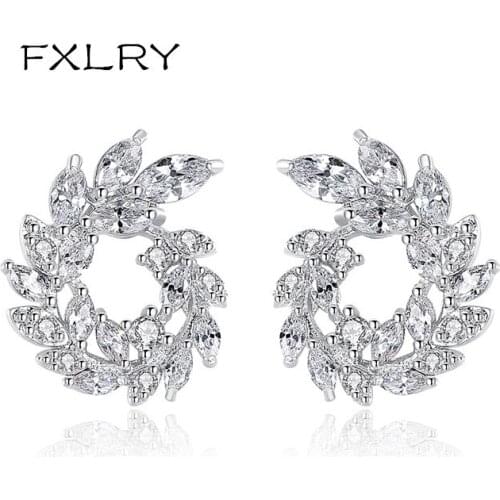 FXLRY New Arrive Personality White Color AAA Cubic Zircon Geometric Leaf-Shaped Earrings For Women Jewelry