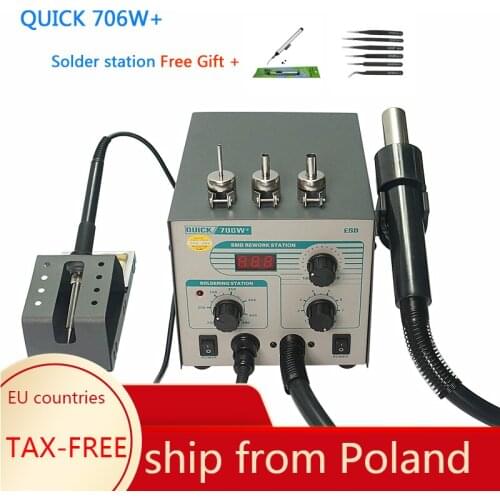 QUICK 706W+ Digital Display Hot Air Gun Soldering Iron Anti-static Temperature Lead-free Rework Station 2 in 1 With 3 Nozzles