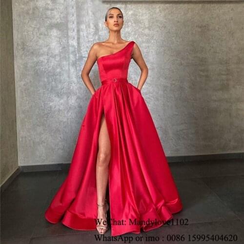 Mbcullyd One Shoulder Prom Dresses Long 2020 High Split Red Imported Evening Dress Cheap Plus Size robe dubai soiree With Pocket