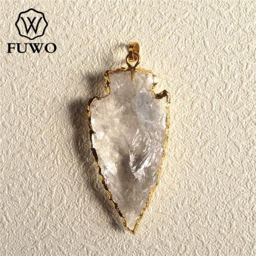 FUWO Natural Crystal Quartz Arrowhead Pendant 24K Gold Electroplate Rough Hand Carved White Quartz Stone Jewelry Wholesale PD050
