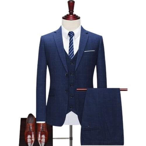 Luxury mens blue check wedding casual tuxedo mens slim suit 3pcs mens quality business social club Costume homme