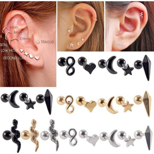 1PC 361L Surgical Steel Snake Ear Tragus Helix Cartilage Earrings Heart Moon Star Lobe Earring Helix Stud Body Piercing Jewelry