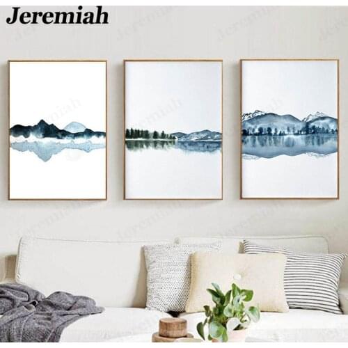 Nordic Minimalist Watercolor Abstract Landscape Painting Canvas Poster Navy Blue Water Surface Reflection Picture Wall Art