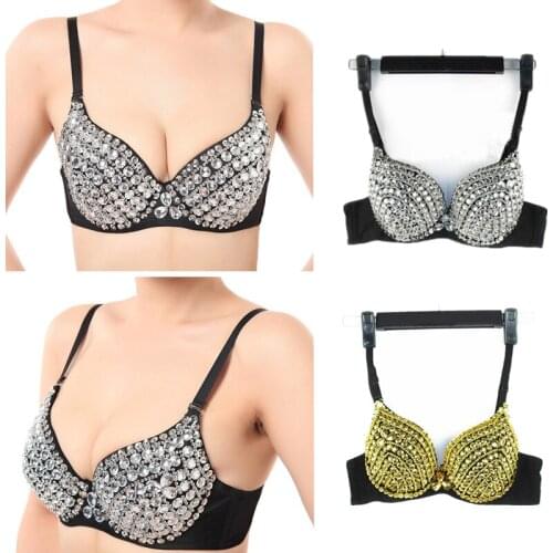 High Quality Sexy Bras Women Push Up Luxury Rhinestone Sequined Bra Lady Silver/Gold Punk Studded Sponge Dance Bras For Party