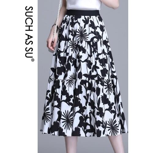 SUCH AS SU WomenS Summer Skirts 2021 White Ruffles Chiffon Female Slim Print Skirt Elastic Waist Ladies Elegant Mid Long Skirt