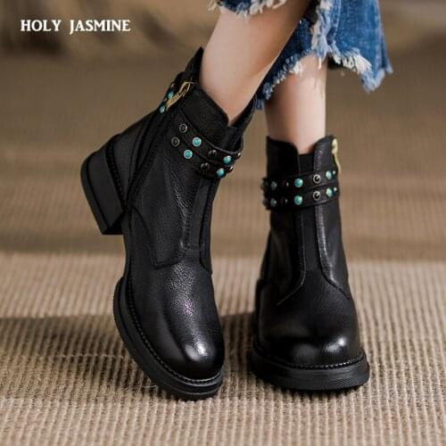 2022 New Women Retro Ankle Boots Fashion Side Zip Concise Genuine Leather Shoes Woman Autumn Winter Working Casual Thick Heels