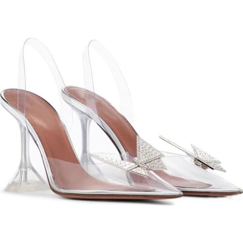2021 New Pointed Transparent Sandals Womens Bun Water Drill Bow Wine Glass Heels