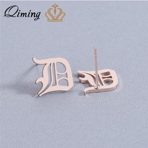 QIMING Rose Gold Fashion Earrings Old English Letter Initial D Trendy Jewelry Ladies Stud Earrings For Women Party Gift