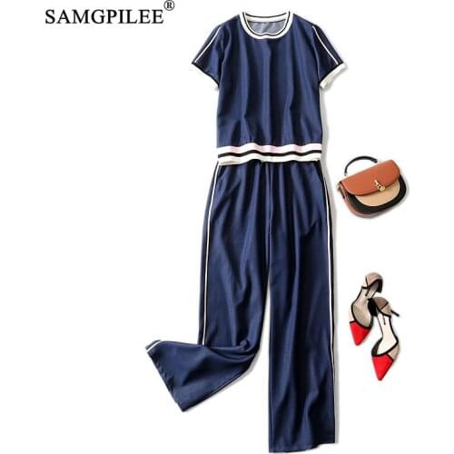 Summer Two Piece Sets For Women 2021 New Short Sleeve Office Lady Pullover O-neck Elastic Waist Ankle-length Striped Pant Suits