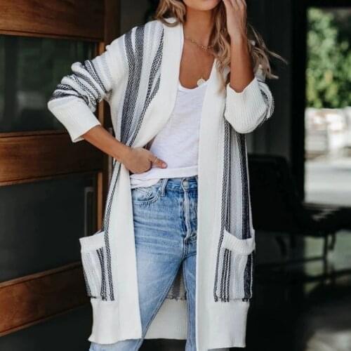 Ladies Sweater Fashion Clothes Winter Color Blocking Long Striped Pocket Casual Cardigan Long Sleeves Cardigan Womens Jacket