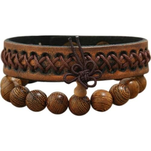 2020 Trendy Jewelry Vintage Leather Bracelet Men Braided Wood Bead Arm Bracelets Diy 2 Piece/Set Paired Bracelets