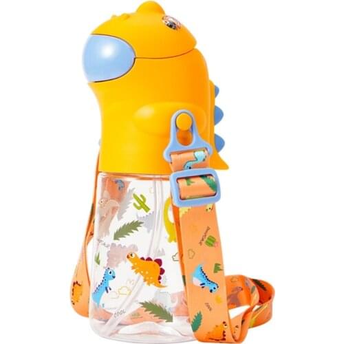 2021 New 560ml Cartoon Dinosaur Kids Water Bottle with Straw Shoulder Strap School Kettle