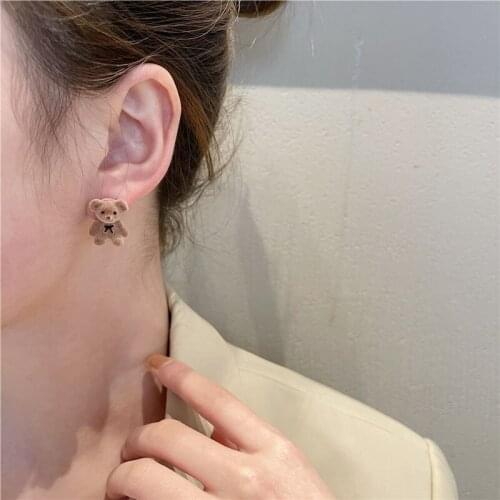 2021 New Cute Plush Bear Earrings Japan and South Korea Cute Khaki Cartoon Earrings Sweet Girl Temperament Earrings for Women