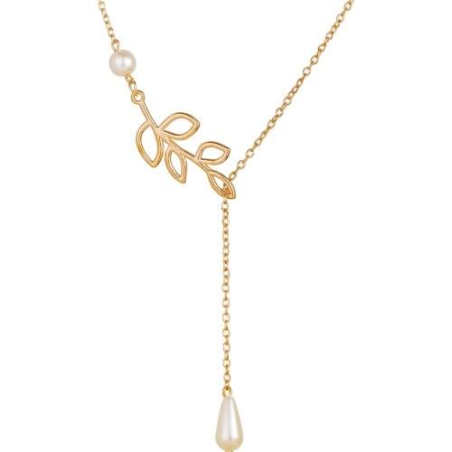 32a38 European and American fashion personality leaves artificial pearl water drop cross clavicle chain female