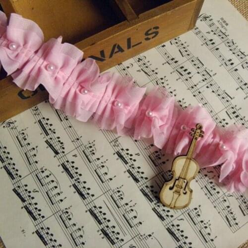 5.5cm wide-(7yards/lot) New arrival pink pleated chiffon beaded lace trim diy craft wedding lace ribbon